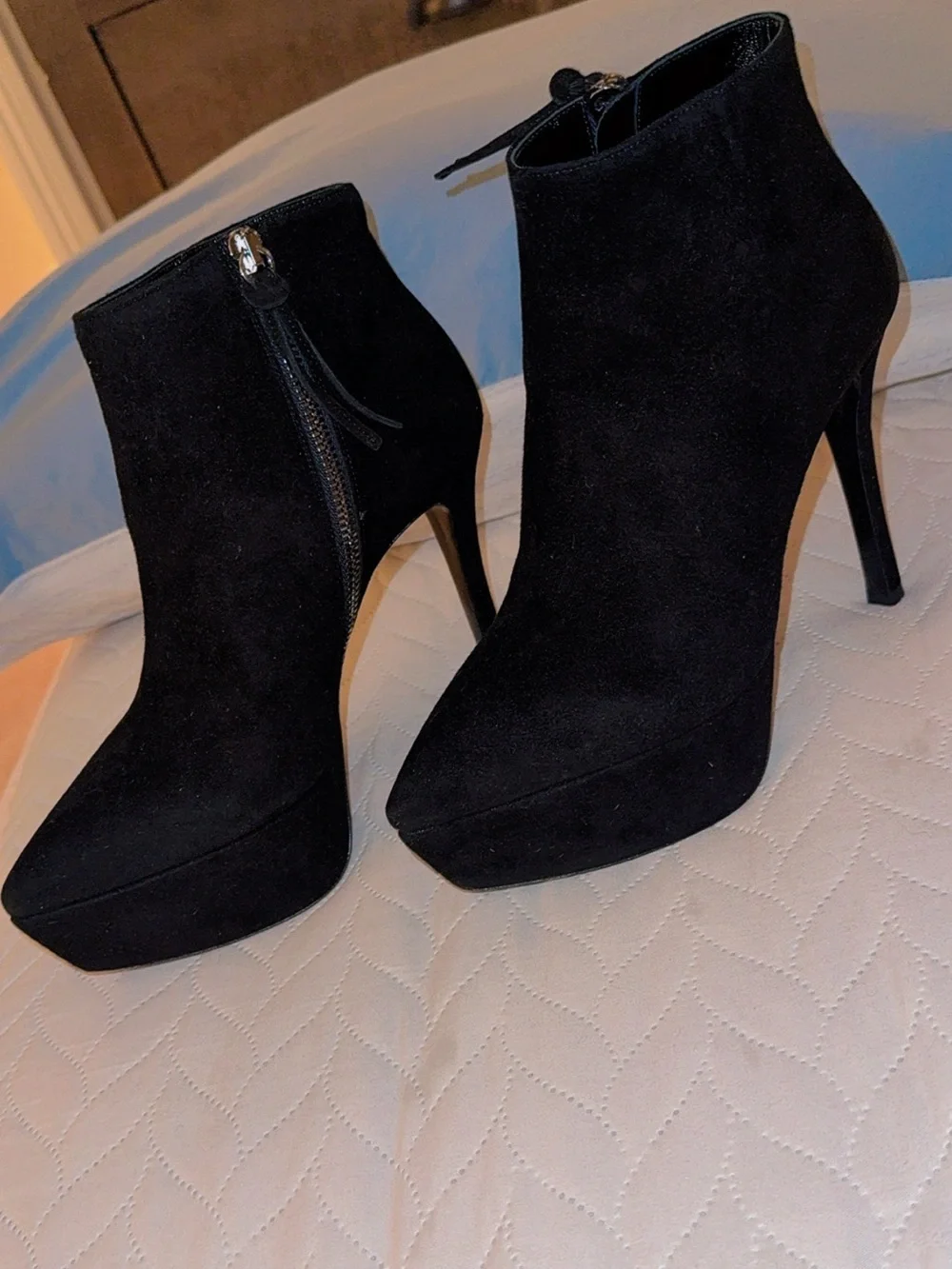 Miu Miu Black Suede Platform Ankle Booties with Gold Zip